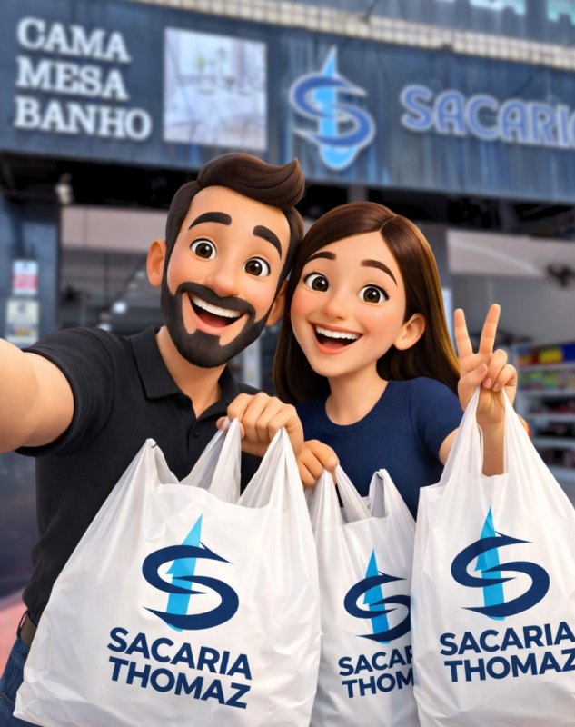 Personagens da Sacaria Thomaz, um casal sorridente com sacolas da loja em frente à fachada